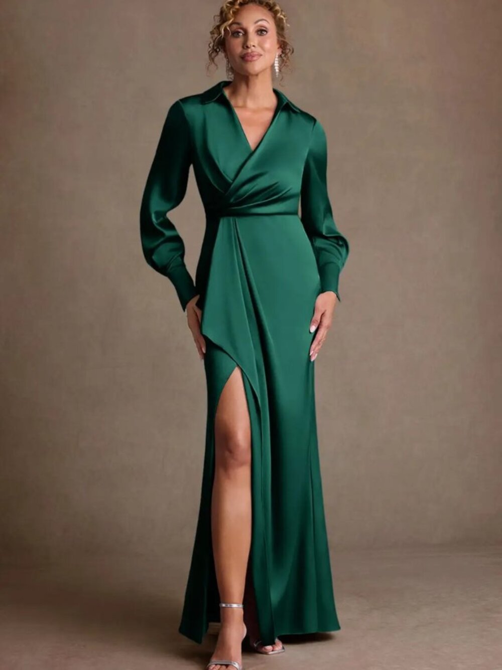 Azazie Jacinta  Stretch Emerald Sheath Pleated Stretch Satin Dress